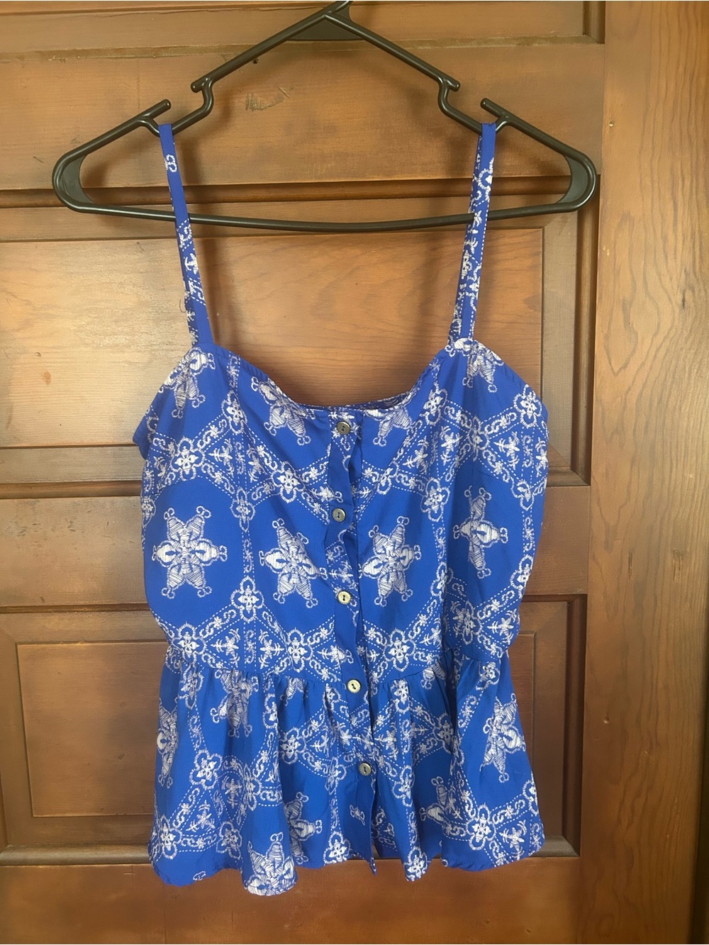 Blue Printed Button-Front Spaghetti Strap Top